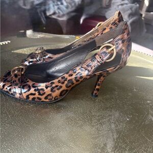 Stuart Weitzman Leopard Print Heels with Gold Buckles